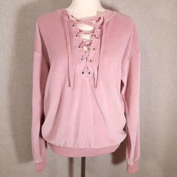 Forever 21 Women's Sweatshirt Size Medium Pink Velour Knit Cotton Blend Lace-Up - Picture 1 of 13
